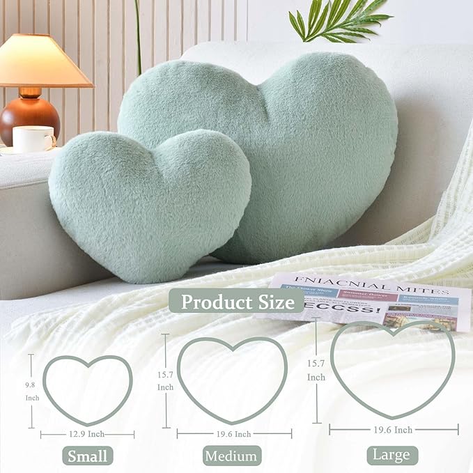 XVTRU Sage Green Heart Pillows, Cute Heart Decorative Pillow, Heart Shaped Throw Pillows for Bed, Faux Rabbit Fur Plush Hoom Decor Pillow Cushion for Chair Sofa Living Room (Mini 12.9" x 9.8")
