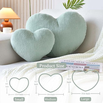XVTRU Sage Green Heart Pillows, Cute Heart Decorative Pillow, Heart Shaped Throw Pillows for Bed, Faux Rabbit Fur Plush Hoom Decor Pillow Cushion for Chair Sofa Living Room (Medium-15.7"x11.8")