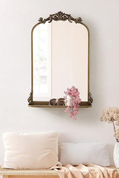 Kate and Laurel Arendahl Traditional Vintage Arch Mirror with Shelf, 21 x 32, Gold, Baroque Antique Arched Wall Mirror with Functional Shelf and Ornate Frame