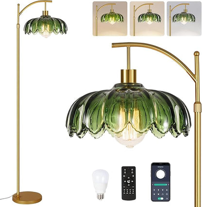 ZECOXOL Gold Floor Lamps for Living Room Vintage Green Floor Lamp with Remote Control & Glass Lampshape,Dimmable Mid Century Modern Standing Lamp Tall Flower Lamp Brass Floor lamp for Bedroom Corner