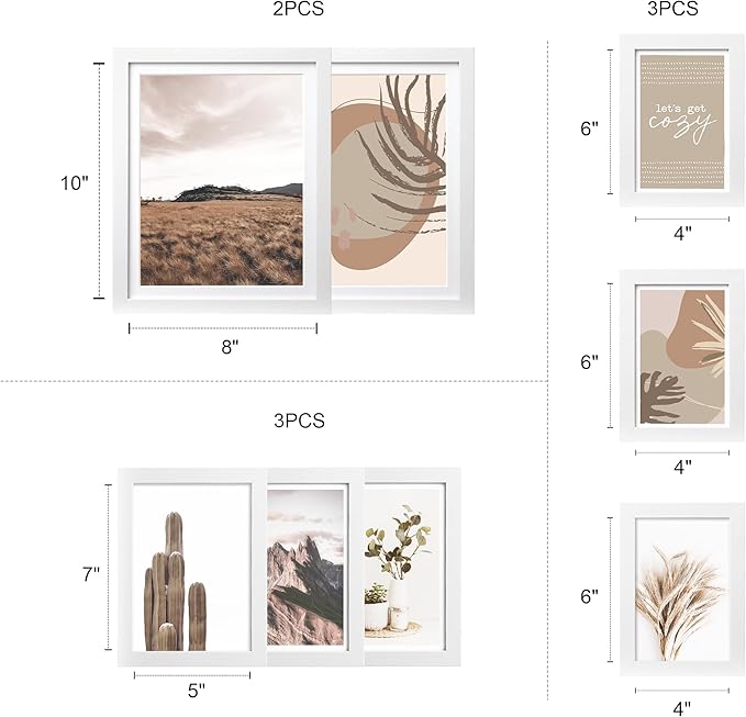 ArtbyHannah Gallery Wall Frame Set,White Picture Frames Collage Wall Decor with Neutural Art for Living Room Stariway,8 Pack Assorted Size 8"x10",5"x7",4"x6", Small