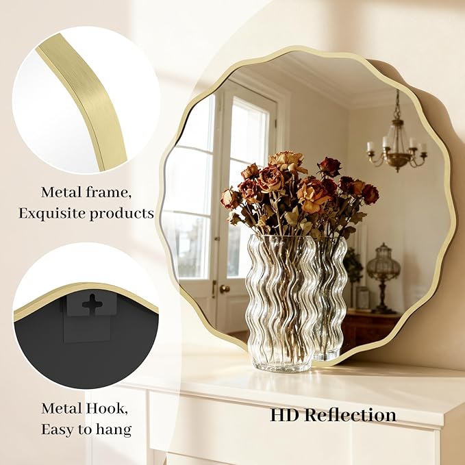 HOMECOOKIN 28" Wavy Round Wall Mirror, Gold Scalloped Circle Mirror Edge Round with Metal Frame, Modern Decorative Hanging/Leaning Mirrors for Bathroom, Hotels, Hallway, Entryway, Vanity, Office