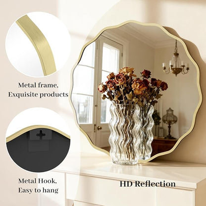 HOMECOOKIN 28" Wavy Round Wall Mirror, Gold Scalloped Circle Mirror Edge Round with Metal Frame, Modern Decorative Hanging/Leaning Mirrors for Bathroom, Hotels, Hallway, Entryway, Vanity, Office