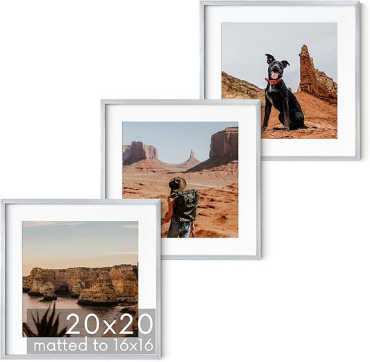 HAUS AND HUES 20x20 Silver Metal Picture Frames Matted to 16x16 - Features Premium Aluminum & Hanging Hardware, Shatterproof Plexiglass - Ideal for Home, Room, Office (20x20 in, Silver, Set of 3)