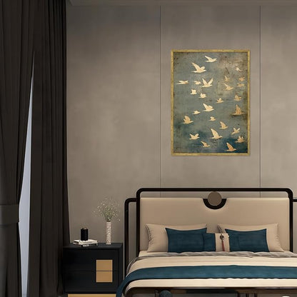 Large Gold Framed Flock of Flying Birds Canvas Wall Art Modern Japandi Minimalist Spiritual Home Decor Vintage Teal Bird Poster Painting Prints Retro Abstract Animal Pictures Artwork 24x36inch