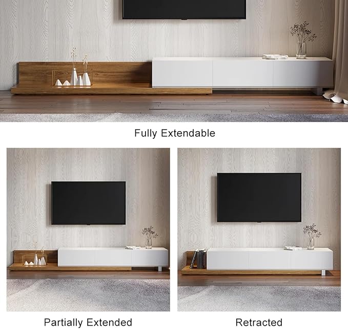 homary Wood Extendable TV Stand Rectangle Entertainment Center with Shelves & Drawers White & Walnut Media Console for Living Room Bedroom