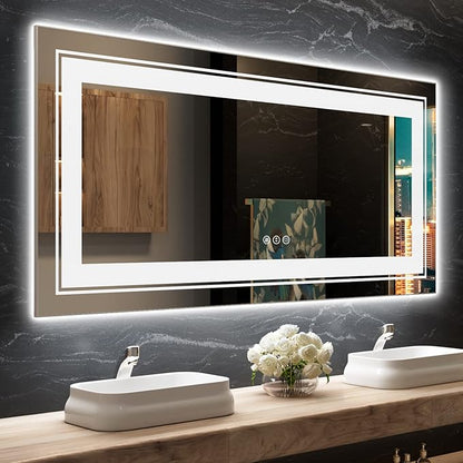 Snowdool LED Bathroom Mirror, 60"X28" with Front and Backlit, Anti-Fog, Large Bathroom Vanity Mirror for Wall, Memory Function, Stepless Dimmable, Tempered Glass (Horizontal/Vertical)