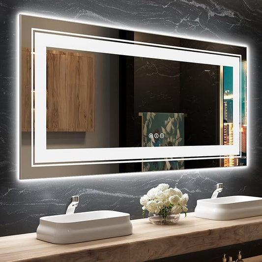 Snowdool LED Bathroom Mirror, 60"X28" with Front and Backlit, Anti-Fog, Large Bathroom Vanity Mirror for Wall, Memory Function, Stepless Dimmable, Tempered Glass (Horizontal/Vertical)