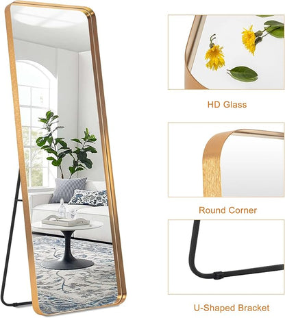NeuType Full Length Mirror, 63"x20" Floor Mirror Full Body Dressing Mirror Round Corner, Hanging or Leaning Against Wall Large Rectangle Wall Mounted Deep Set Aluminum Alloy Frame for Bedroom, Gold