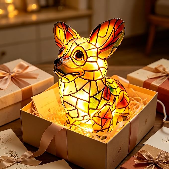 Dog Series Art Night Light, Corgi Lamp and Pug Lamp, Stained Resin French Bulldog Tabletop, 3D Dog LED Table Lamp, Stained Resin Night Light, Pet Themed Tabletop Decor (Corgi)