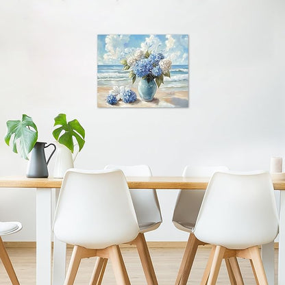 LB Blue Hydrangea Beach Wall Art Blue and White Floral Coastal Ocean Canvas Wall Art Modern Aesthetic Pictures Wall Decor for Bedroom Bathroom Living Room Framed Ready to Hang 12L x 16W