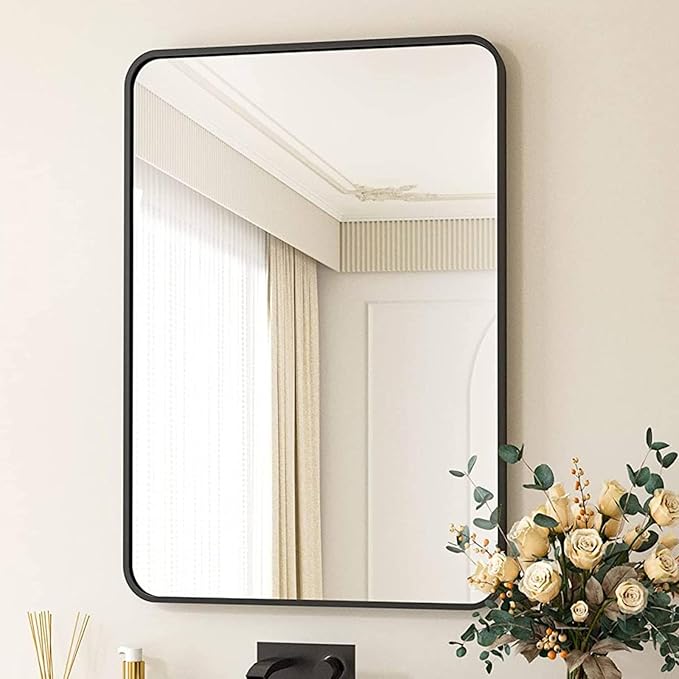 JISOSO Black Bathroom Mirror 28X36 Inch, Black Metal Framed Mirror for Wall, Rounded Rectangle Matte Bathroom Vanity Mirror with Tempered Glass, Anti-Rust, Horizontal/Vertical