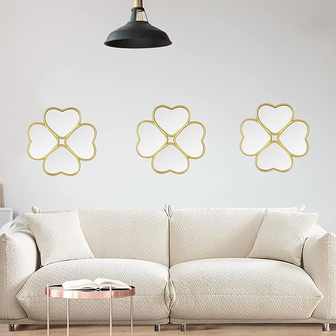 Small Decoritive Heart Wall Mirrors Set of 3, Decorative Four-Leaf Clover Mirror (Gold)