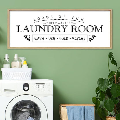Wash Dry Fold Repeat Wall Decor Art 32"X12" Laundry Room Sign Bathroom Laundry Rules Large Wood Framed Wall Hanging (Wood)