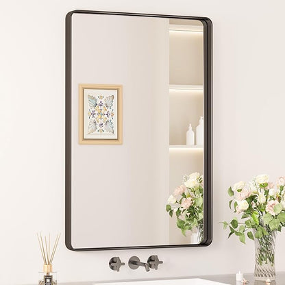 Keonjinn Black Bathroom Mirror for Vanity, 24" x 36" Matte Black Metal Framed Rounded Rectangle Farmhouse Mirror, Tempered Glass, Anti-Rust Sandblasted Finish Decorative Mirrors(Horizontal/Vertical)