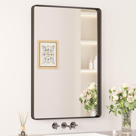 Keonjinn Black Bathroom Mirror for Vanity, 24" x 36" Matte Black Metal Framed Rounded Rectangle Farmhouse Mirror, Tempered Glass, Anti-Rust Sandblasted Finish Decorative Mirrors(Horizontal/Vertical)