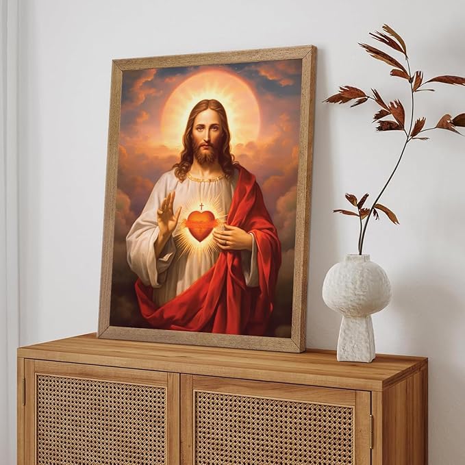 Framed Sacred Heart of Jesus Canvas Wall Art Divine Mercy Painting Picture Wall Decor Religious Christ Jesus Portrait Poster Prints Artwork for Dining Living prayer Room Bedroom Home Decor 12x16 in