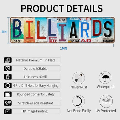 Billiard Room Sign Billiard Rules Wall Art Pool Table Decor Metal Sign Wall Decor License Plate Design Game Room Sign for Pub Bar Billiard Room 16" X 4"