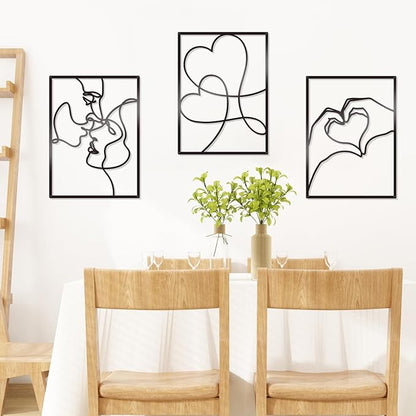 KOYILTD 3 Pcs Metal Minimalist Wall Art Love Wall Decor Metal Line Wall Art Bedroom Decor for Couples Love Decoration for Bedroom Living Room Bathroom Valentine's Day Decoration (Black)
