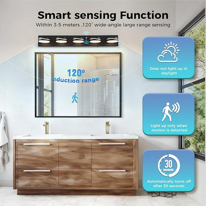 32" Motion Sensor Vanity Light, Matte Black 3CCT 5-Light Modern LED Bathroom Lighting Fixtures Over Mirror, Rotatable Head, Dimmable 3000K-6000K Color Changing Wall Sconce