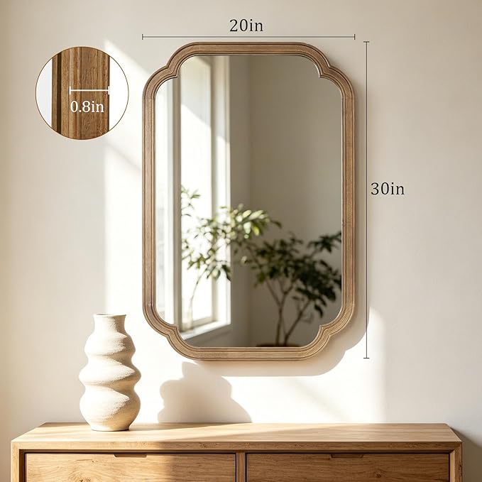 HOMECOOKIN Wood Bathroom Mirror for Wall Decor Arched Rounded Corner Rustic Wood Frame Wall Mirror Home Decorative for Vanity, Living Room, Bedroom, Entryway (20 x 30 inch, Honey A)