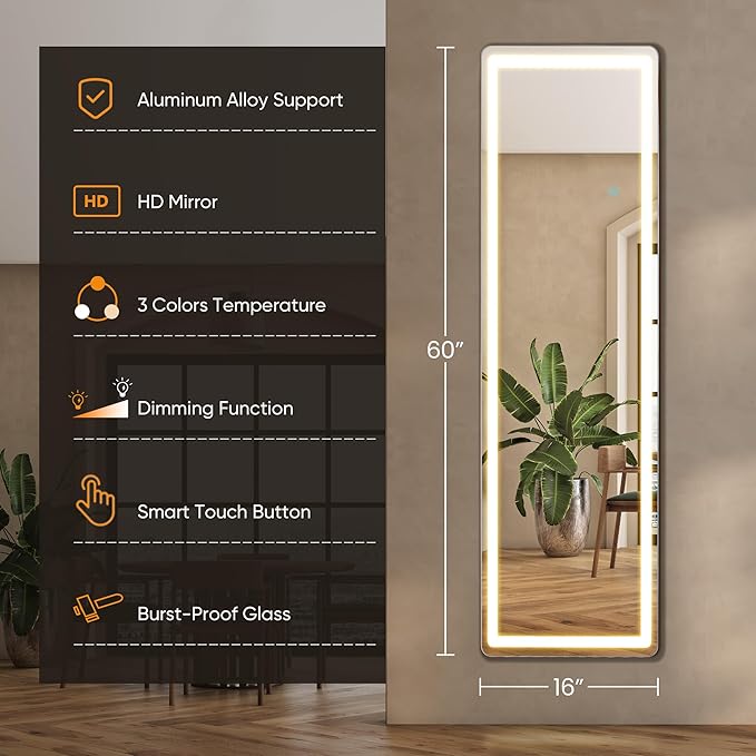 Full Length Mirror with Stand 16"×60", Upgraded Full Body Mirrors with LED Light 3 Color Lighting, Floor Standing, Hanging or Leaning Modern Simple Home Wall Decor, White
