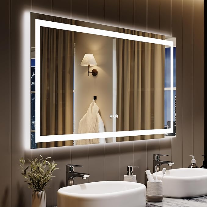 50x26 LED Bathroom Mirror with Lights, Frameless Wall Mounted Vanity Mirror with Front & Backlight, Dimmable Color Temperature, 5mm Copper-Glass, for Bathroom