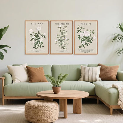 Aurlan The Way The Truth The Life Bible Verse Framed Wall Art(24"x36"), 3PCS Boho Christian Scripture Canvas Artwork, Large Floral Botanical Job 23:11 Psalm 43:3 John 14:6 Decor for Home Bedroom
