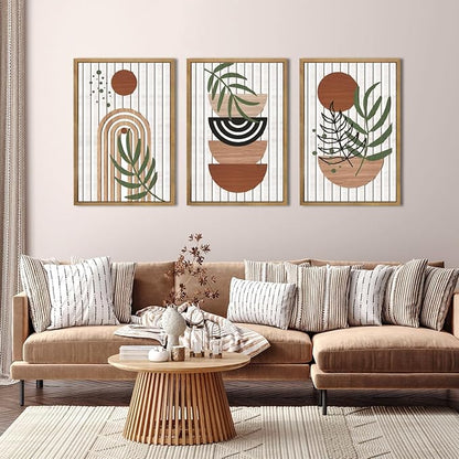DRACIT Large Boho Mid century Wood Framed Canvas Wall Art Set,Modern Neutral Bohemian Wooden Wall Decor,Minimalist Abstract Geometric Leaf Wall Sculptures for Living Room,Bedroom,Office-16 x24×3