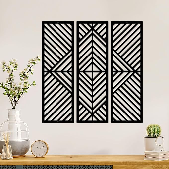ESTART 3 Pcs Geometric Home Metal Wall Decor Vertical Abstract Minimalist Modern Black Wall Art Slatted Design Wall Hanging Sculpture for Living Room Bedroom Bathroom Study, 17 x 17 Inch