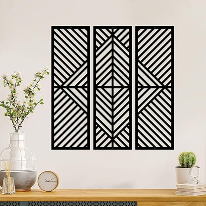 ESTART 3 Pcs Geometric Home Metal Wall Decor Vertical Abstract Minimalist Modern Black Wall Art Slatted Design Wall Hanging Sculpture for Living Room Bedroom Bathroom Study, 17 x 17 Inch
