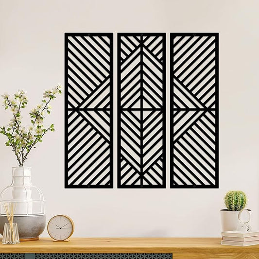ESTART 3 Pcs Geometric Home Metal Wall Decor Vertical Abstract Minimalist Modern Black Wall Art Slatted Design Wall Hanging Sculpture for Living Room Bedroom Bathroom Study, 17 x 17 Inch