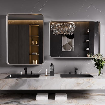 JISOSO Brushed Nickel Bathroom Mirror 48x40 Inch, Brushed Silver Metal Frame Mirror Wall Mounted, Rounded Rectangle Bathroom Vanity Mirror, Tempered Glass, Anti-Rust, Horizontal/Vertical