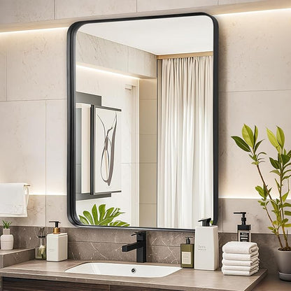 Black Wall Mirror for Bathroom - 28x36 Inch Black Vnaity Wall Mirror Over Sink, Metal Matte Framed Mirrors for Restroom Farmhouse, Hallway Home Office, Hanging Vertically or Horizontally