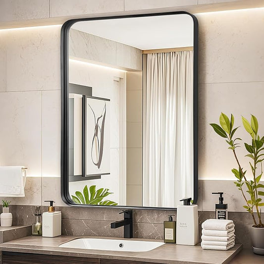 Black Wall Mirror for Bathroom - 28x36 Inch Black Vnaity Wall Mirror Over Sink, Metal Matte Framed Mirrors for Restroom Farmhouse, Hallway Home Office, Hanging Vertically or Horizontally
