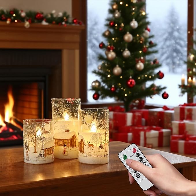 Snowman Glass Flameless Candles Rechargeable Battery Operated with Remote and Timer Real Wax LED Flickering Pillar Candles White Cold Light Window Christmas Holiday Decor D3 x 4",5",6"