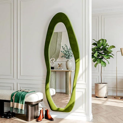 Full Length Mirror, 63"x24" Full Body Mirrors, Flannel Floor Mirrors with Stand, Irregular Wavy Mirror Hanging or Leaning Against Wall for Bedroom Living Room, Green