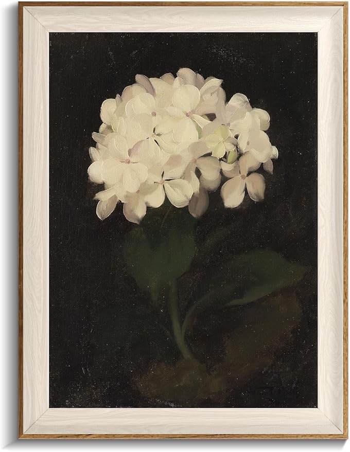 Framed Flower Wall Art, Vintage White Hydrangea Still Life Floral Art Prints, Moody Vintage Canvas Oil Painting, Antique Botanical Floral Wall Decor Pictures for Bedroom, Kitchen, Shelf, Bathroom Wall Decor - 12x16Inch