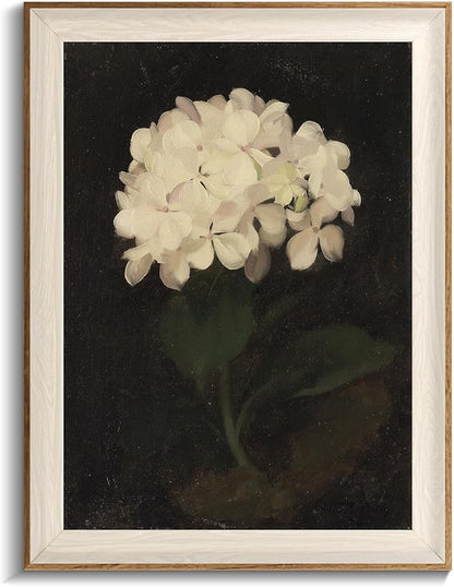Framed Flower Wall Art, Vintage White Hydrangea Still Life Floral Art Prints, Moody Vintage Canvas Oil Painting, Antique Botanical Floral Wall Decor Pictures for Bedroom, Kitchen, Shelf, Bathroom Wall Decor - 12x16Inch