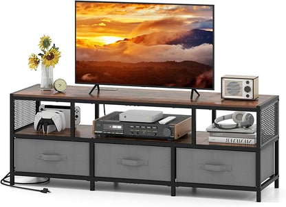 Tangkula Farmhouse TV Stand for TVs up to 65", 3-Tier Entertain Center with Power Outlets USB Charging, Media Console Table with Open Shelf & 3 Fabric Storage Drawers for Living Room (Rustic Brown)