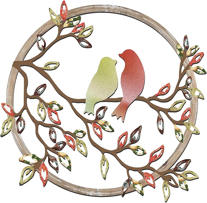 Ferraycle Metal Wall Art Bird on Tree Branch Silhouette Bird Hanging Ornament Porch Wall Decor for Living Room Outdoor Garden Bedroom Office Housewarming Party Decoration(Elegant Color)