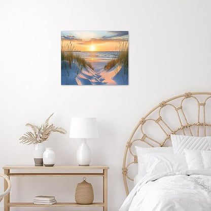 LB Coastal Sunset Beach Wall Art Nature Seascape Landscape Ocean Canvas Wall Art Green Grass Plant Wall Decor for Bedroom Living Room Bathroom Framed Ready to Hang 16L x 20W