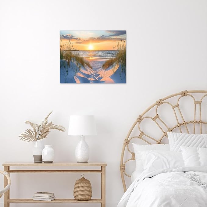 LB Coastal Beach Sunset Wall Art Ocean Nature Landscape Seaside Canvas Wall Art Green Grass Plant Wall Decor for Bedroom Bathroom Living Room Framed Ready to Hang 12L x 16W