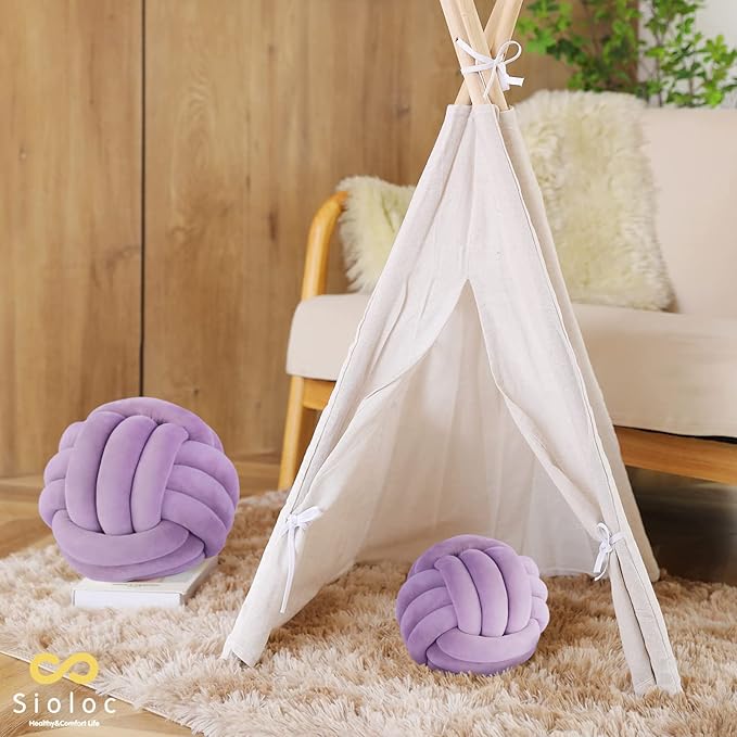 Sioloc Soft Knot Ball Pillows,Round Throw Pillow Cushion Home Decoration Plush Pillow,Throw Knotted Pillow Handmade Round Plush Pillow（13.7inches,Lilac）
