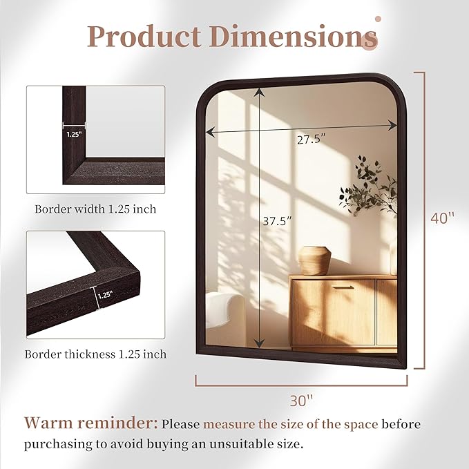 Arched Bathroom Mirror for Wall,24 x 36 inch Hanging Vanity Dark Walnut Brown Tempered Mirrors with Rounded Corner for Living Room,Bedroom,Entryway