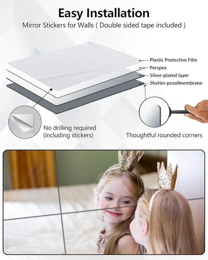 Unbreakable Mirror Tiles, 8PCS 16”x12”Peel And Stick on Mirror for Wall Mirrors Decorative, Toddlers for Kids Bedroom, Plastic Gym Frameless Door Small Adhesive Mirrors for Classroom Decor Stickers