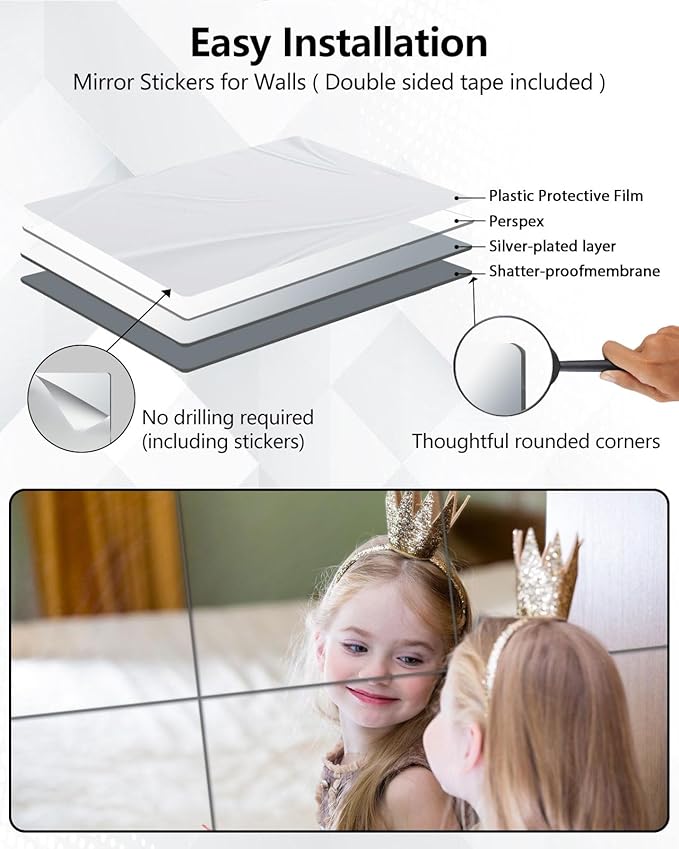 Unbreakable Mirror Tiles, 4PCS 14”x14” Peel And Stick on Mirror for Wall Mirrors Decorative, Toddlers for Kids Bedroom, Plastic Gym Frameless Door Small Adhesive Mirrors for Classroom Decor Stickers