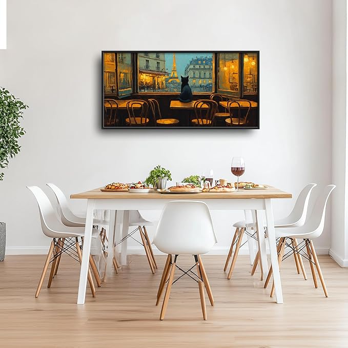 Eiffel Tower Large Wall Art for Living Room France Paris City Street Framed Canvas Decor Cat Prints Painting Pictures Extra Large Modern Artwork for Kitchen Bedroom Bathroom Home Decorations 30"x60"