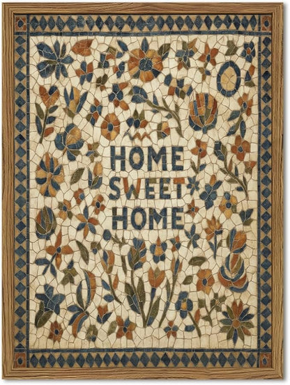 Vintage Mosaic Floral Wall Art Home Sweet Home Tile Florals Wall Decor Painting, Retro Country Boho Poster Canvas Print Picture for Living Room Bedroom 12x16 inch Wood Framed