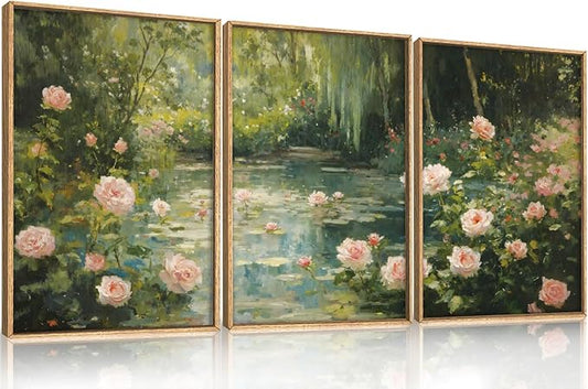 Aryroi Water Lilies Monet Framed Canvas Wall Art Set,Garden Pond Impressionist Floral Wall Decor,Vintage Oil Green Vibrant Flower Botanical Artwork for Living Room, Bedroom,Farmhouse- 16"x24"x3